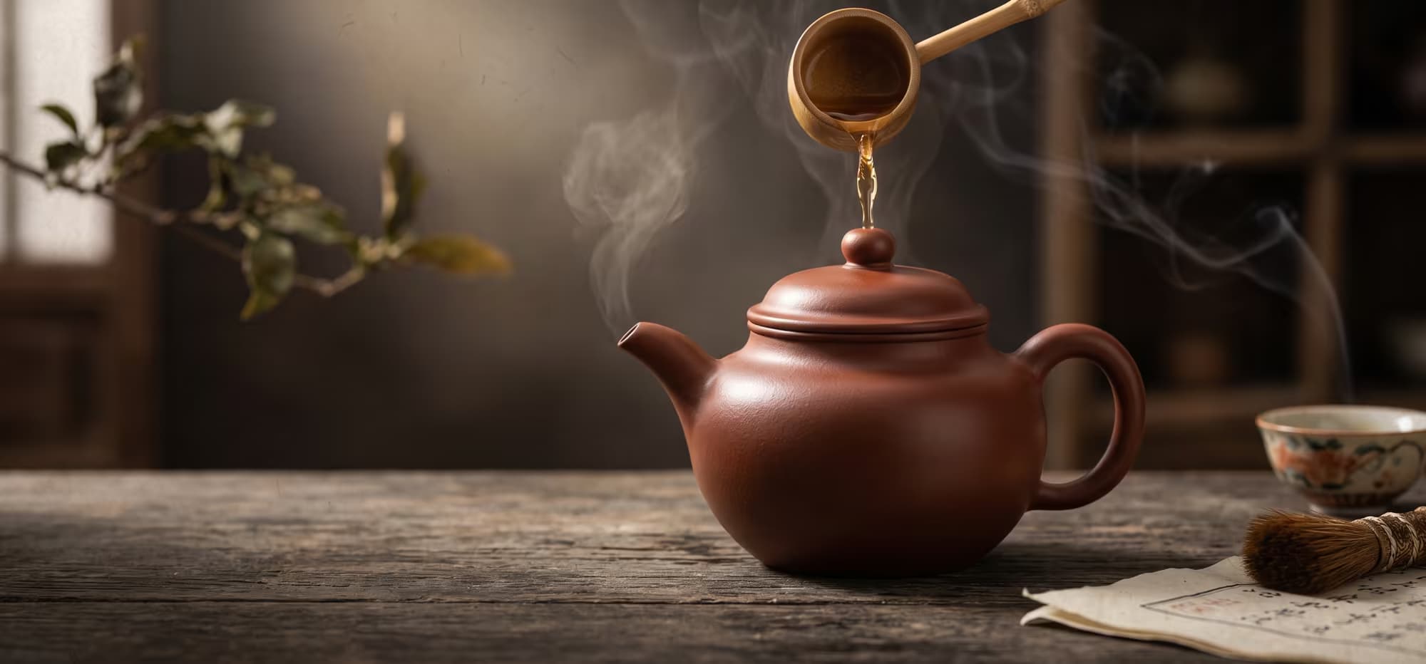 A Yixing zisha teapot pouring tea on a wooden tea table